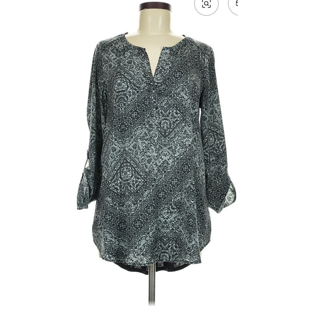 Rock & Republic Blue & Black Silver Print V Neck Tunic Roll Tab Sleeves Size XS
